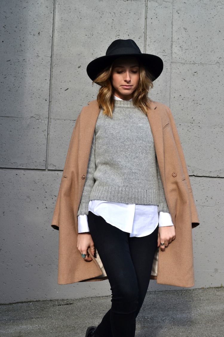 grey sweater, white zara blouse, camel coat, winter must have, fedora hat, black jeans, top vancouver fashion and style blog, ombre hair, booties2
