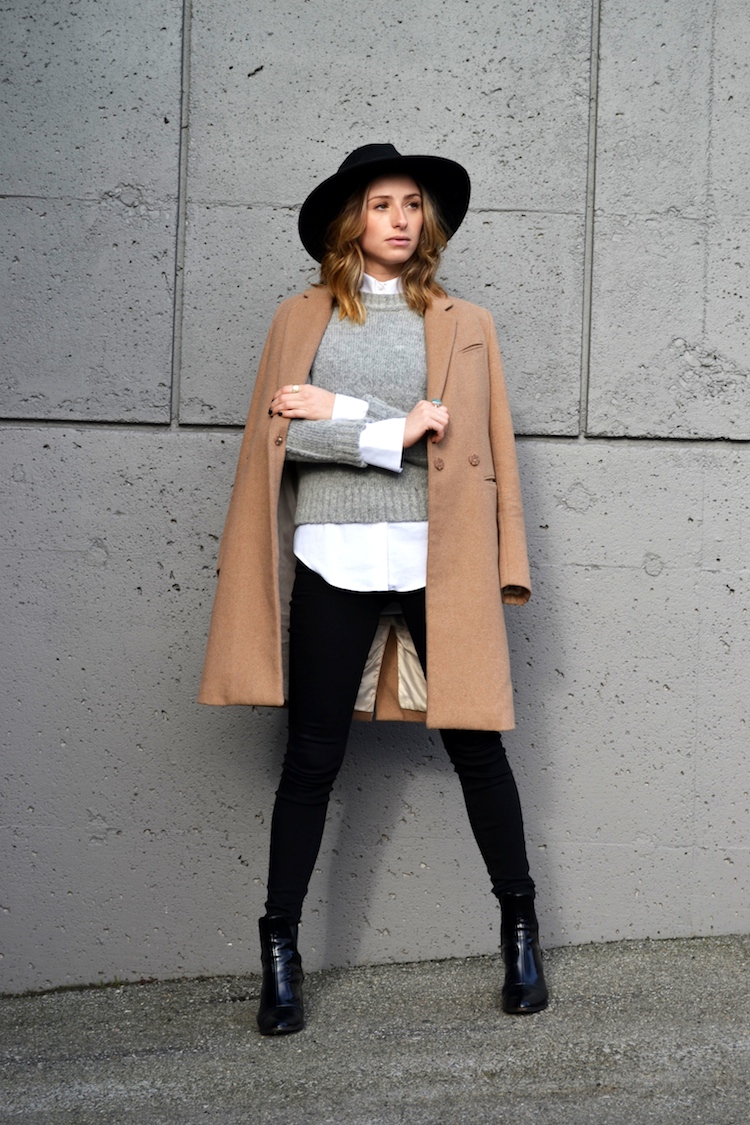 grey sweater, white zara blouse, camel coat, winter must have, fedora hat, black jeans, top vancouver fashion and style blog, ombre hair, booties4