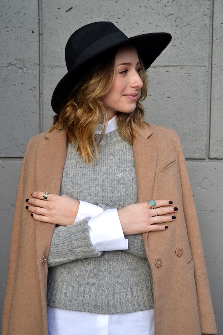 grey sweater, white zara blouse, camel coat, winter must have, fedora hat, black jeans, top vancouver fashion and style blog, ombre hair, booties5