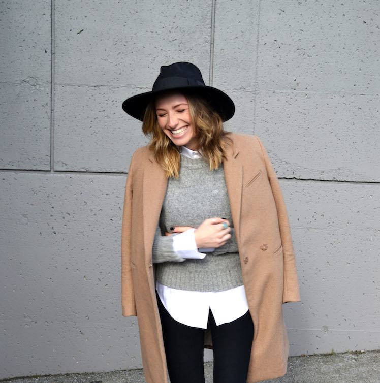 grey sweater, white zara blouse, camel coat, winter must have, fedora hat, black jeans, top vancouver fashion and style blog, ombre hair, booties7