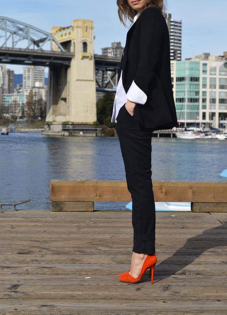 spring must have; white collared blouse, runway, michael kors, alexander wang, theory, the new suit, black skinny pants, blazer, bright orange pumps, ombre hair, the august diaries, vancouver style blog