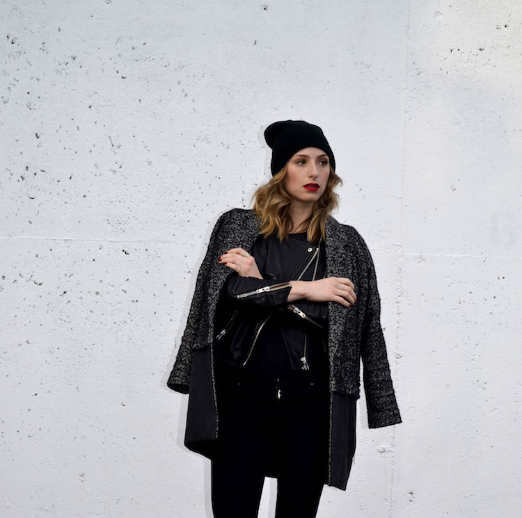 winter chic look, layered jackets and coats, black jeans, hm leather jacket, topshop boyfriend coat, black beanie, mac ruby woo lipstick, pointy toe heeled booties, everyday chic outfit1