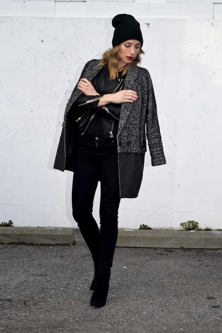 winter chic look, layered jackets and coats, black jeans, hm leather jacket, topshop boyfriend coat, black beanie, mac ruby woo lipstick, pointy toe heeled booties, everyday chic outfit