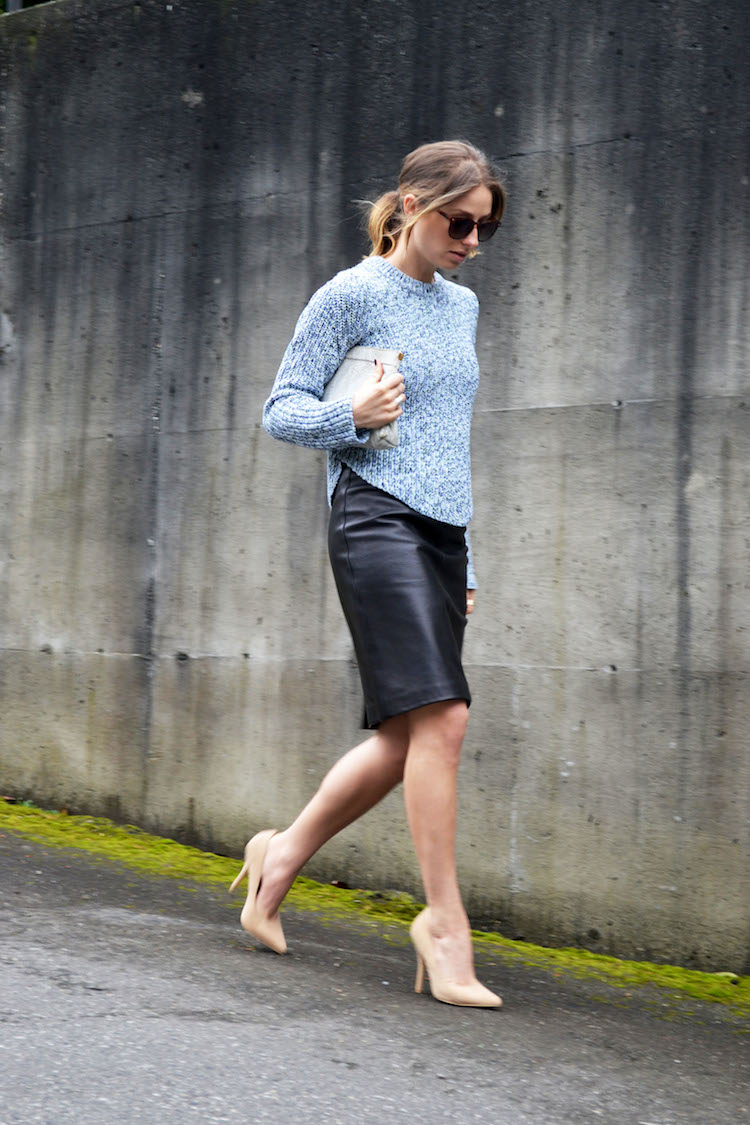 424 fifth marled sweater, leather pencil skirt, nude pumps, ombre hair in low messy ponytail3