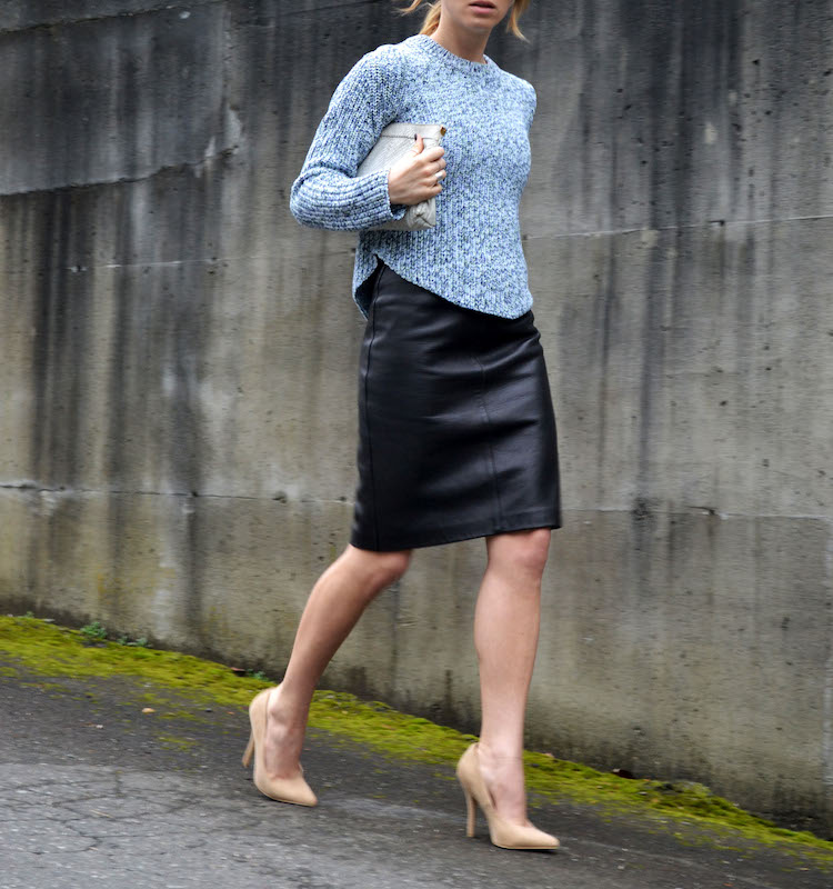 424 fifth marled sweater, leather pencil skirt, nude pumps, ombre hair in low messy ponytail4