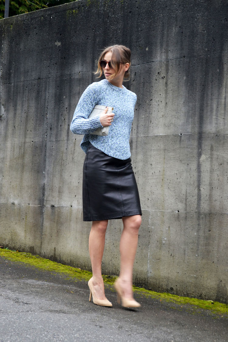 424 fifth marled sweater, leather pencil skirt, nude pumps, ombre hair in low messy ponytail5