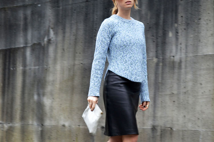 424 fifth marled sweater, leather pencil skirt, nude pumps, ombre hair in low messy ponytail7