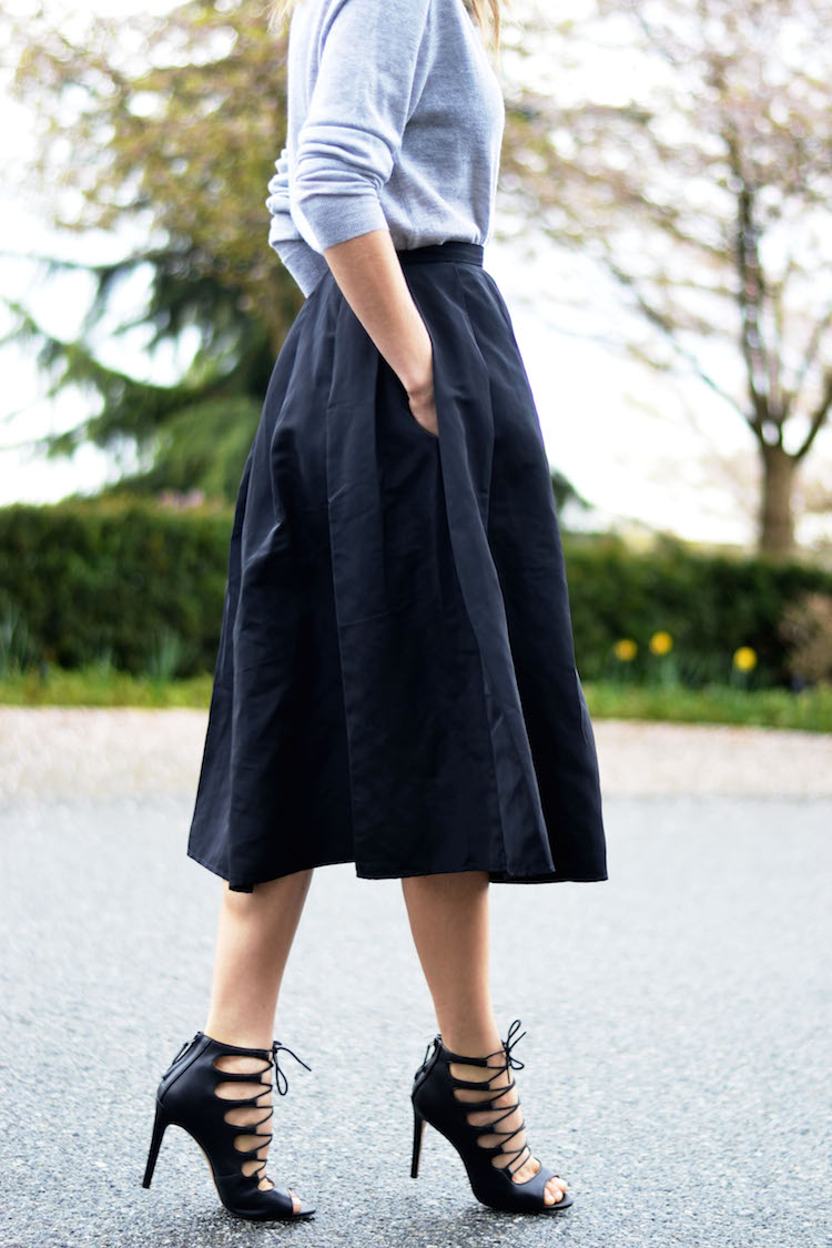 full midi skirt, 424 fifth, black, grey cashmere sweater, lace up zara heels, ladylike chic look, the august diaries, ombre hair