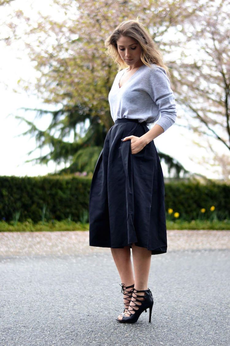 full midi skirt, 424 fifth, black, grey cashmere sweater, lace up zara heels, ladylike chic look, the august diaries, ombre hair6