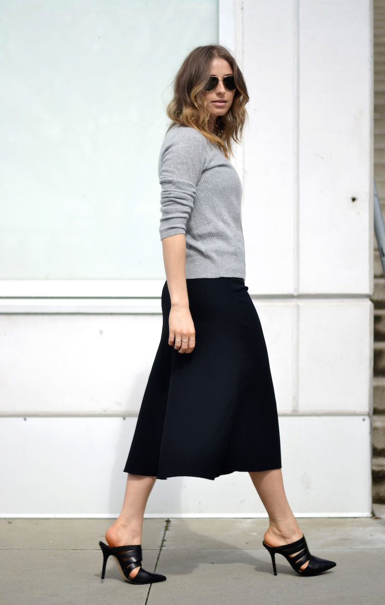 grey cashmere sweater, joe fresh, black midi skirt, mules, euro inspired style, the august diaries, ombre hair, vancouver style blog2