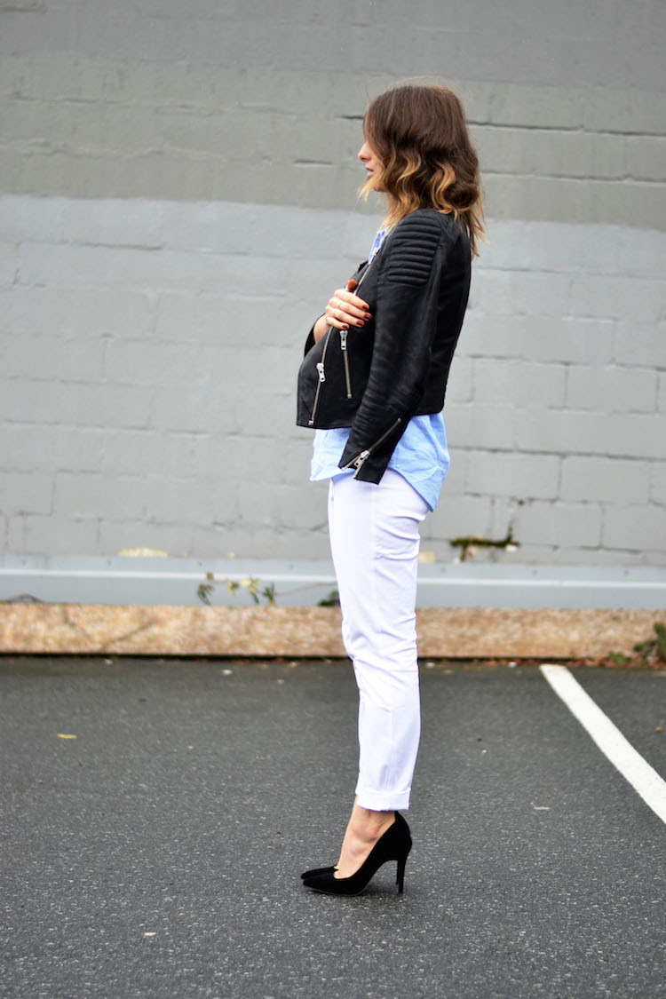 old navy pixie pant, how to wear white pants, leather jacket, black pumps, the august diaries