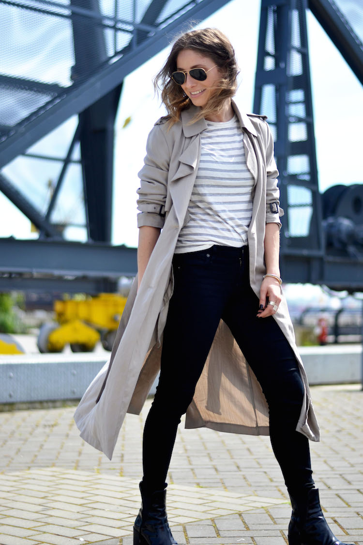 casual spring look with zara trench coat, classic striped tshirt, black jeans, black booties, aviators, ombre hair, the august diaries, fashion blog3