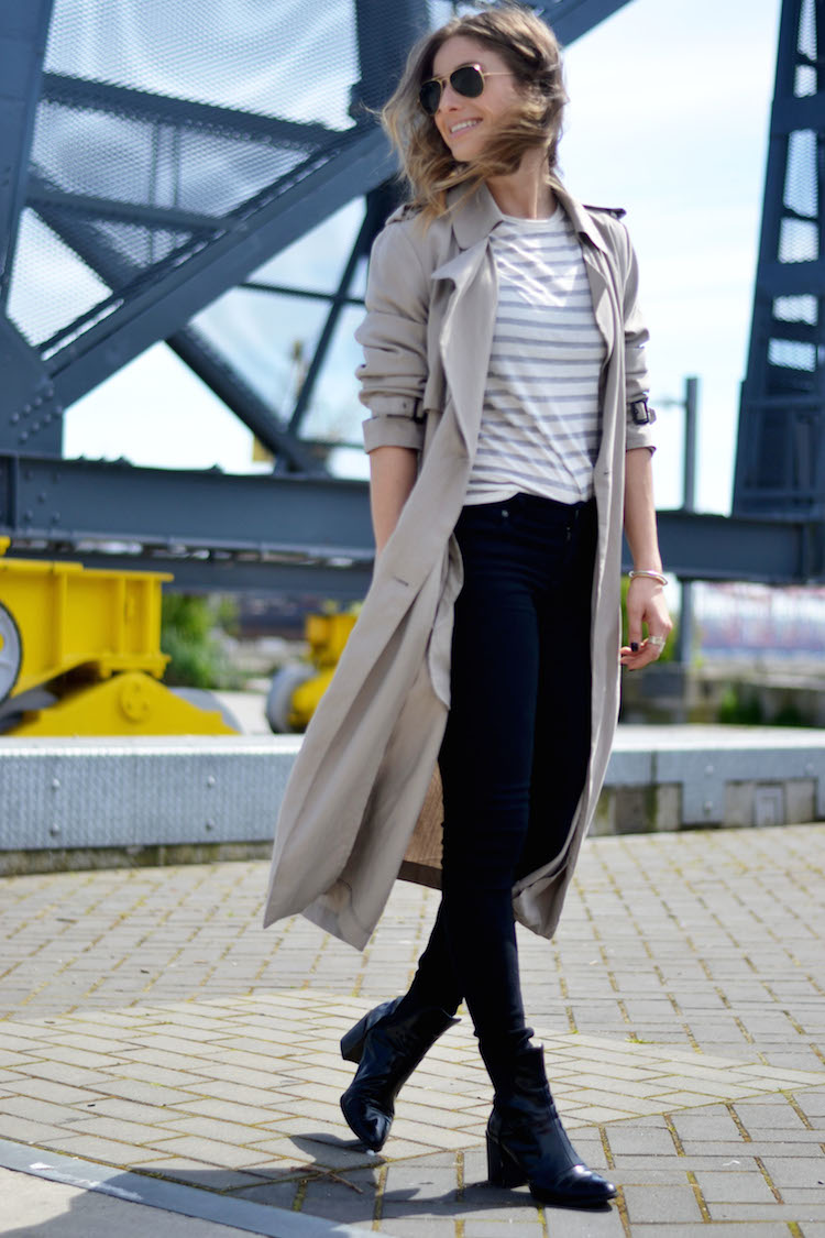 casual spring look with zara trench coat, classic striped tshirt, black jeans, black booties, aviators, ombre hair, the august diaries, fashion blog4