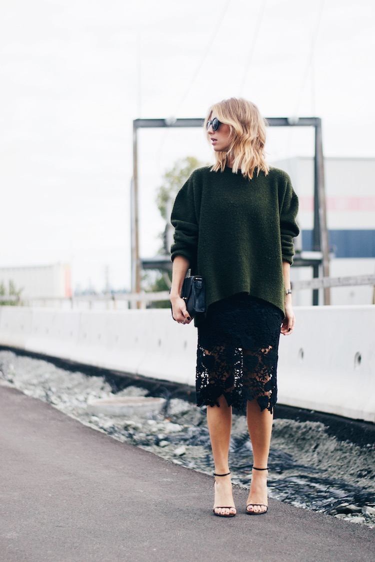 lace skirt pencil sexy chic euro going out look, hunter green sweater trend, stuart weitzman heels
