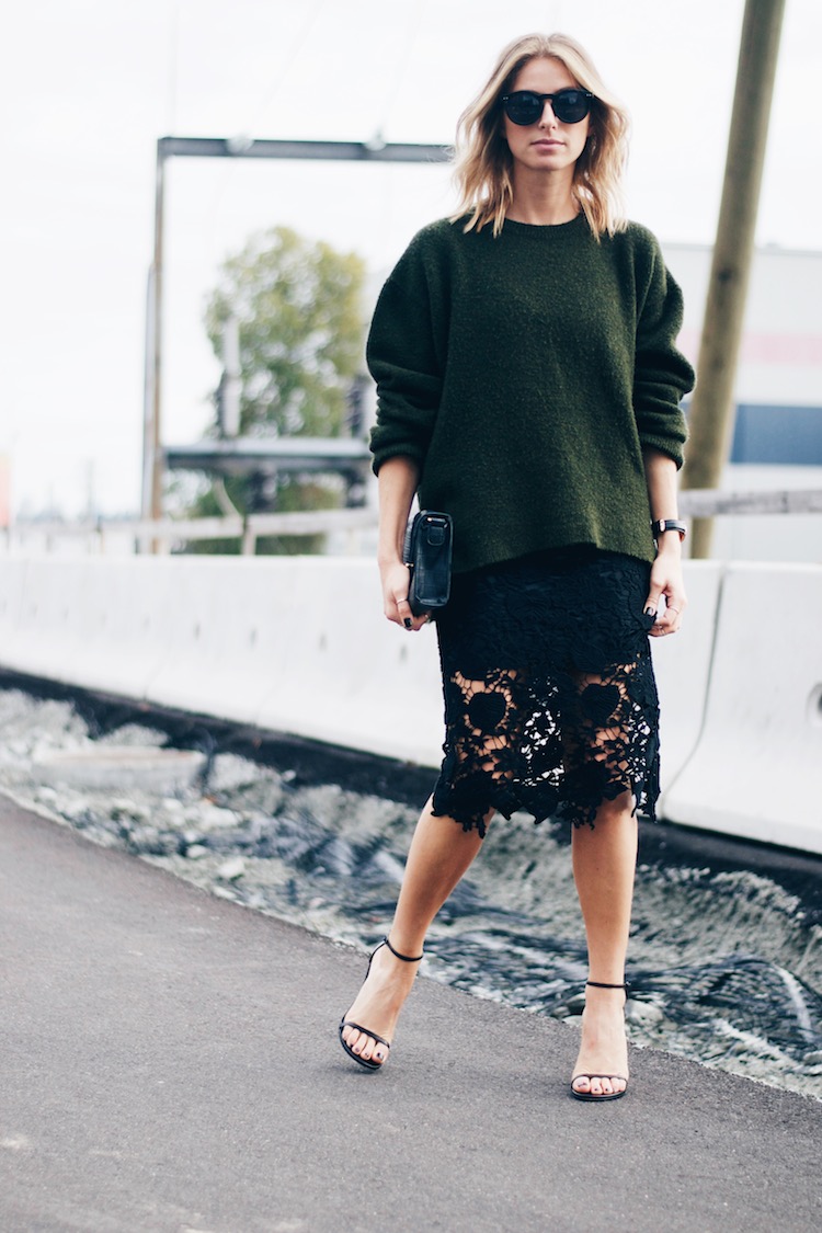 lace skirt pencil sexy chic euro going out look, hunter green sweater trend, stuart weitzman heels