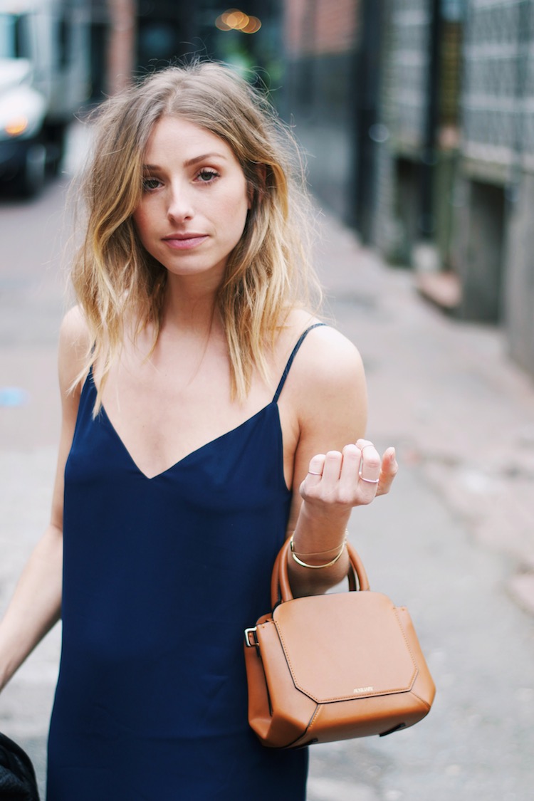 fashion blog, effortless casual cool street style, aritzia brown bega bag, navy midi dress, leather jacket, blonde ombre hair