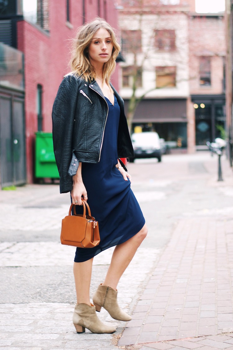 fashion blog, effortless casual cool street style, aritzia brown bega bag, navy midi dress, leather jacket, blonde ombre hair