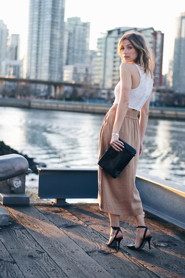 spring fashion, midi skirt, alexander wang pumps, botkier clutch, crop top, sexy, night out