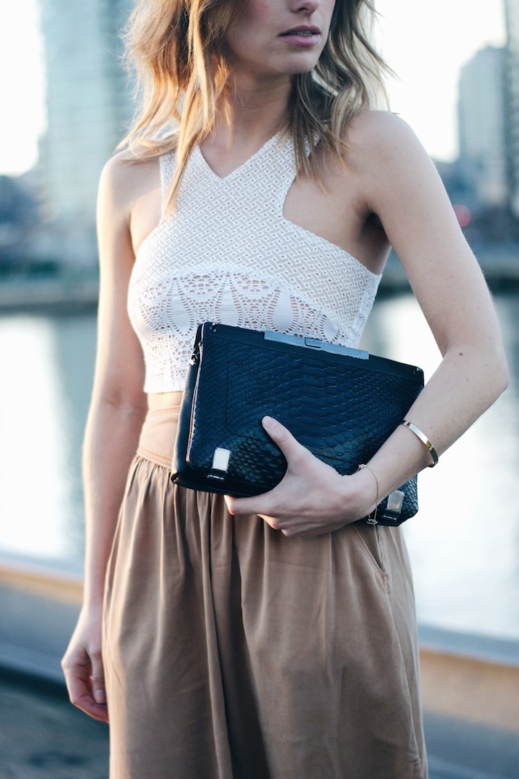 fashion accessories, bokier black clutch, white crop top, aritzia midi skirt 