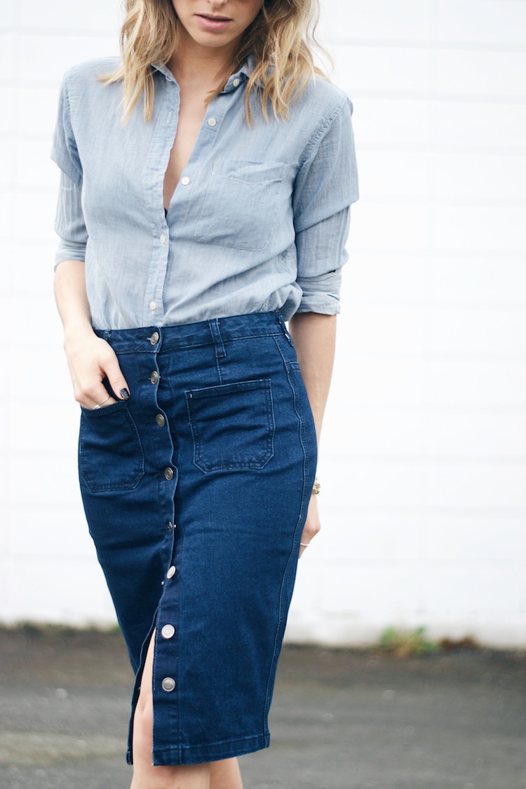 70s denim trend skirt, chambray shirt