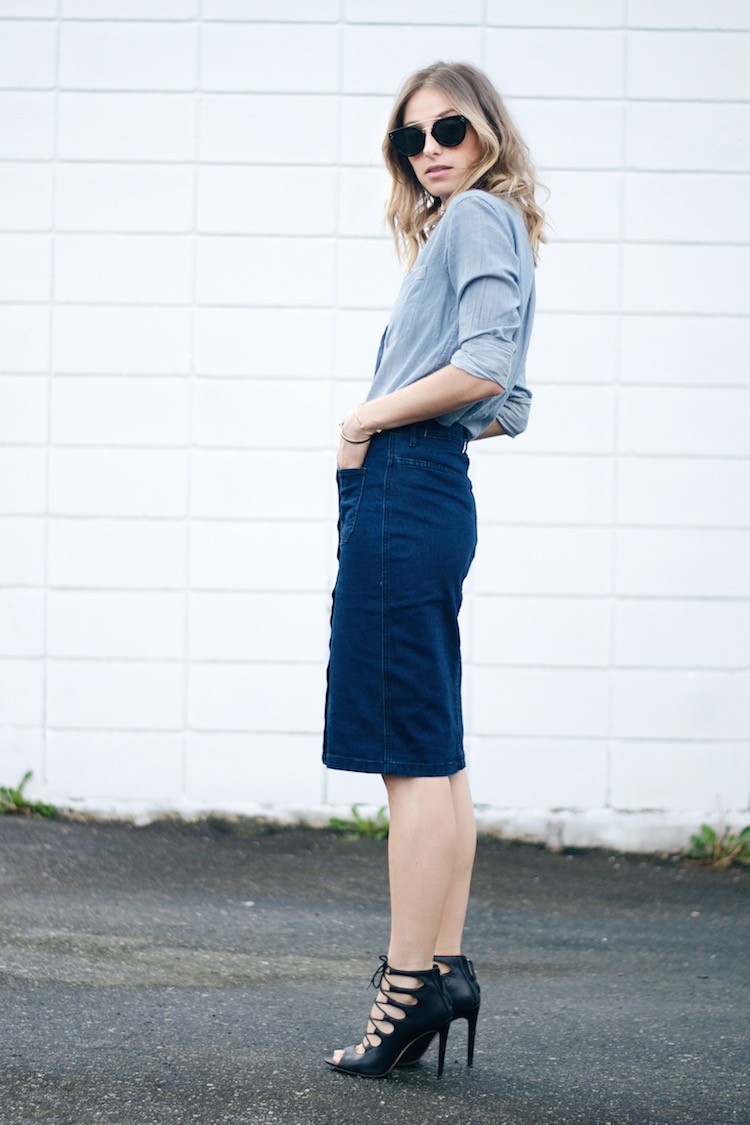 70s denim trend skirt, chambray shirt, lace up sandals