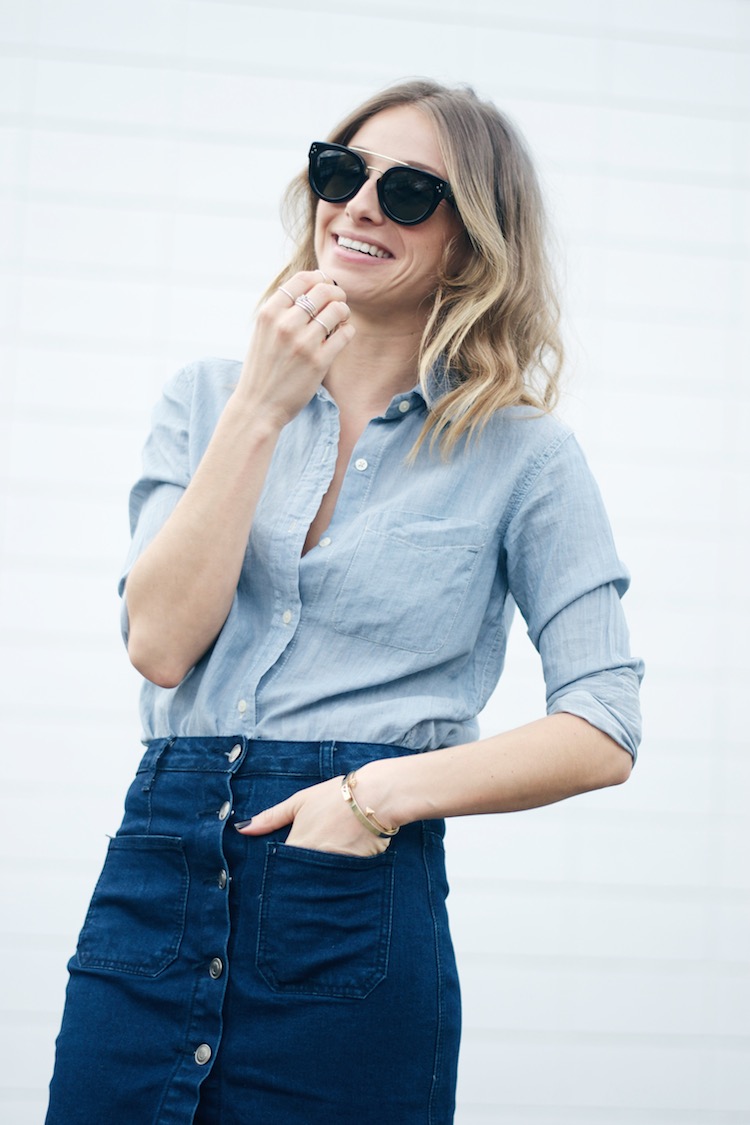 70s denim trend skirt, chambray shirt, celine sunglasses