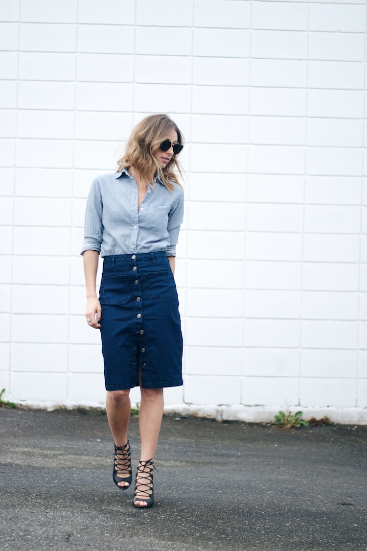 70s denim trend skirt, chambray shirt, celine sunglasses, street style