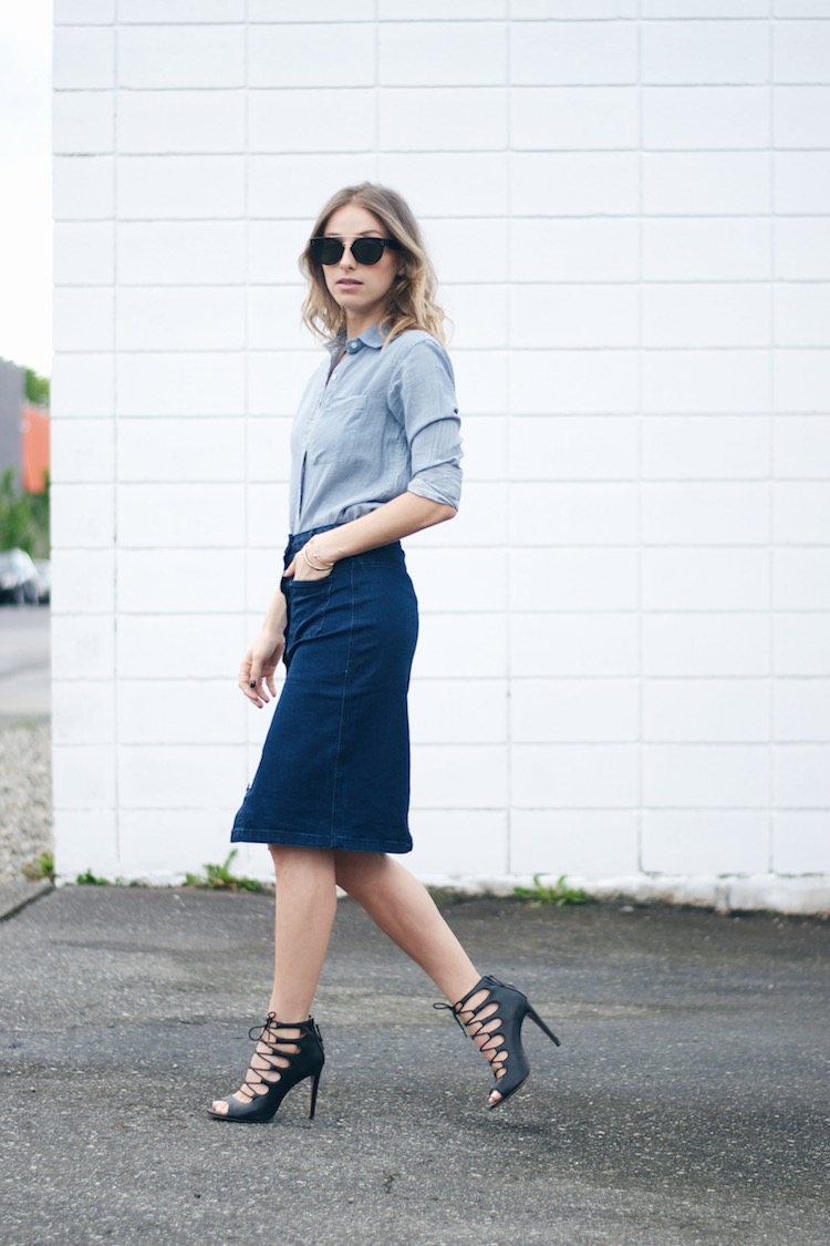 70s denim trend skirt, chambray shirt, celine sunglasses, street style