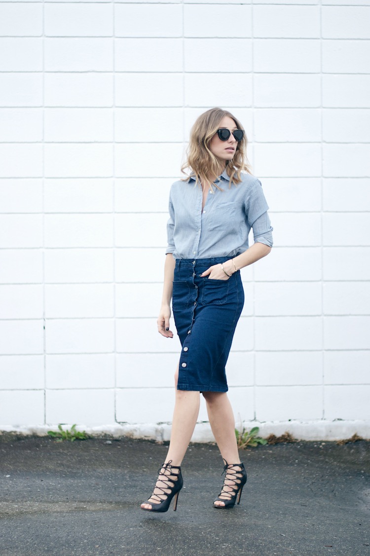 70s denim trend skirt, chambray shirt, celine sunglasses