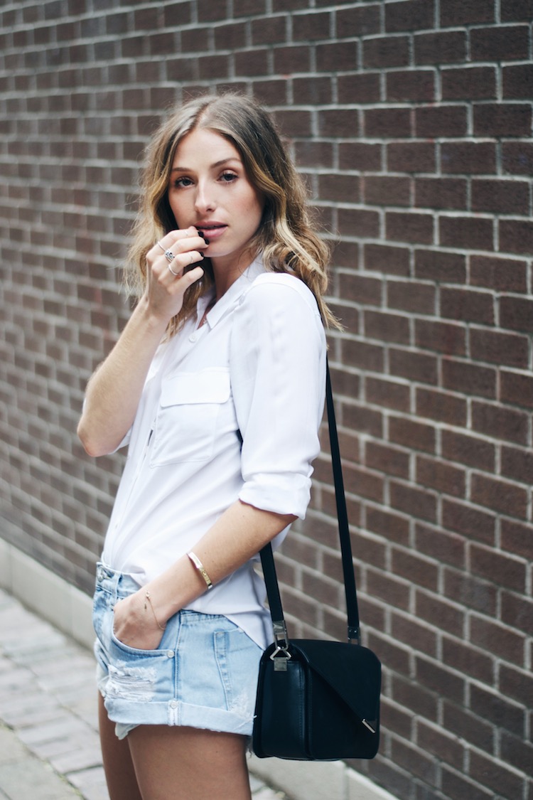 white equipment blouse, one teaspoon shorts, ombre blonde hair