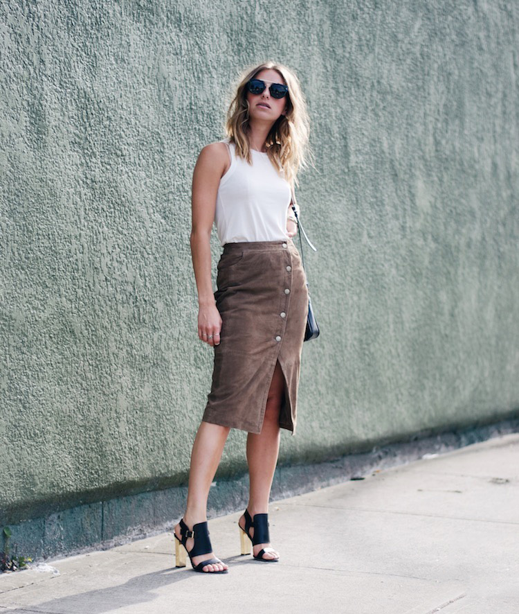 allsaints suede skirt, tank, 70s style, summer, pacific centre, celine sunglasses