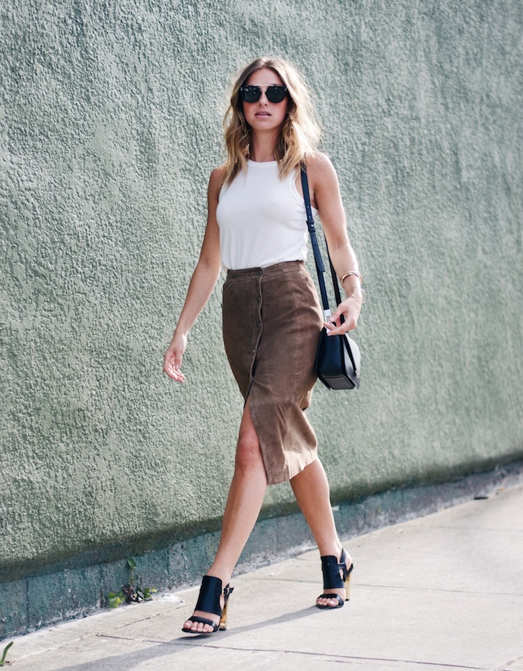 allsaints suede skirt, tank, 70s style, summer, pacific centre, celine sunglasses