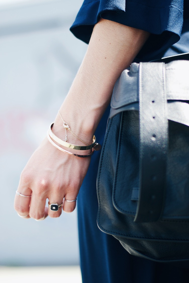 gold, rose gold bracelets, arm party, rings, proenza schouler ps1 bag, navy boho dress