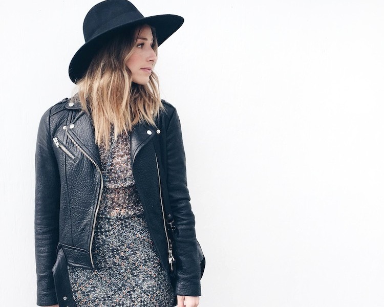 french inspired boho, street style, leather jacket, isabel marant dress, hat