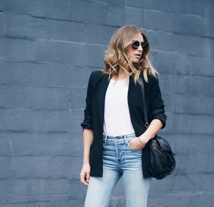 girlfriend jeans, blazer, adidas stan smith, fashion blog, celine sunglasses, blonde beachy hair