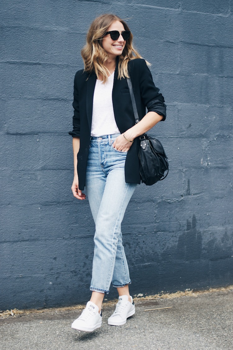 girlfriend jeans, blazer, adidas stan smith, fashion blog, street style