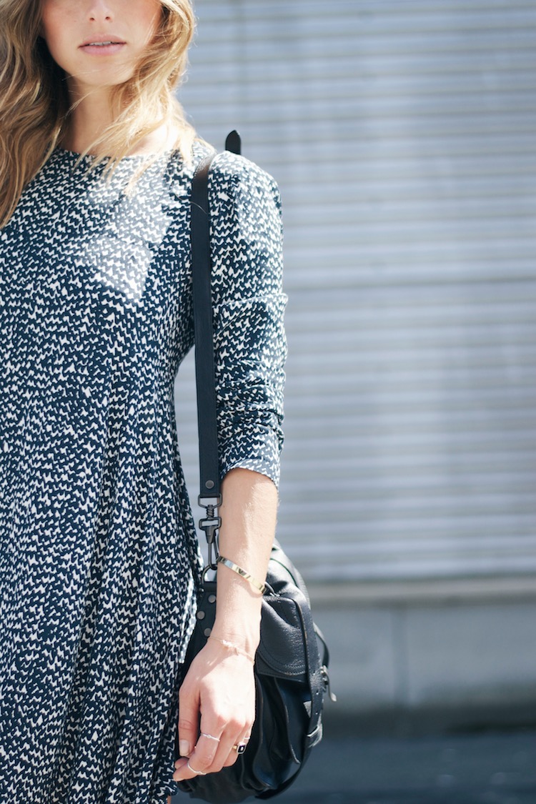 print mini dress, blonde beachy waves