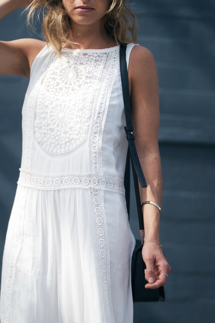 forever 21 white lace boho dress, alexander wang prisma cross body bag, effortless summer style, blonde beachy waves