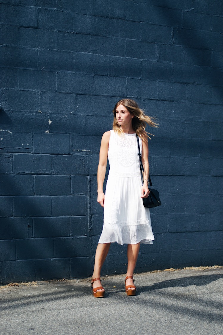 forever 21 white lace boho dress, 70s chunky brown sandals, effortless summer style, blonde beachy waves