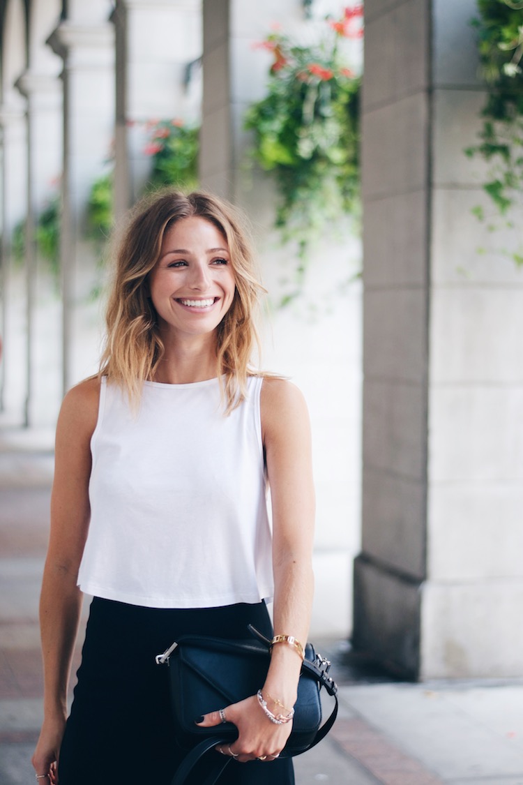 blonde beachy wavy hair, white crop top