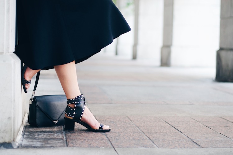 black midi skirt, isabel marant jaeryn sandals