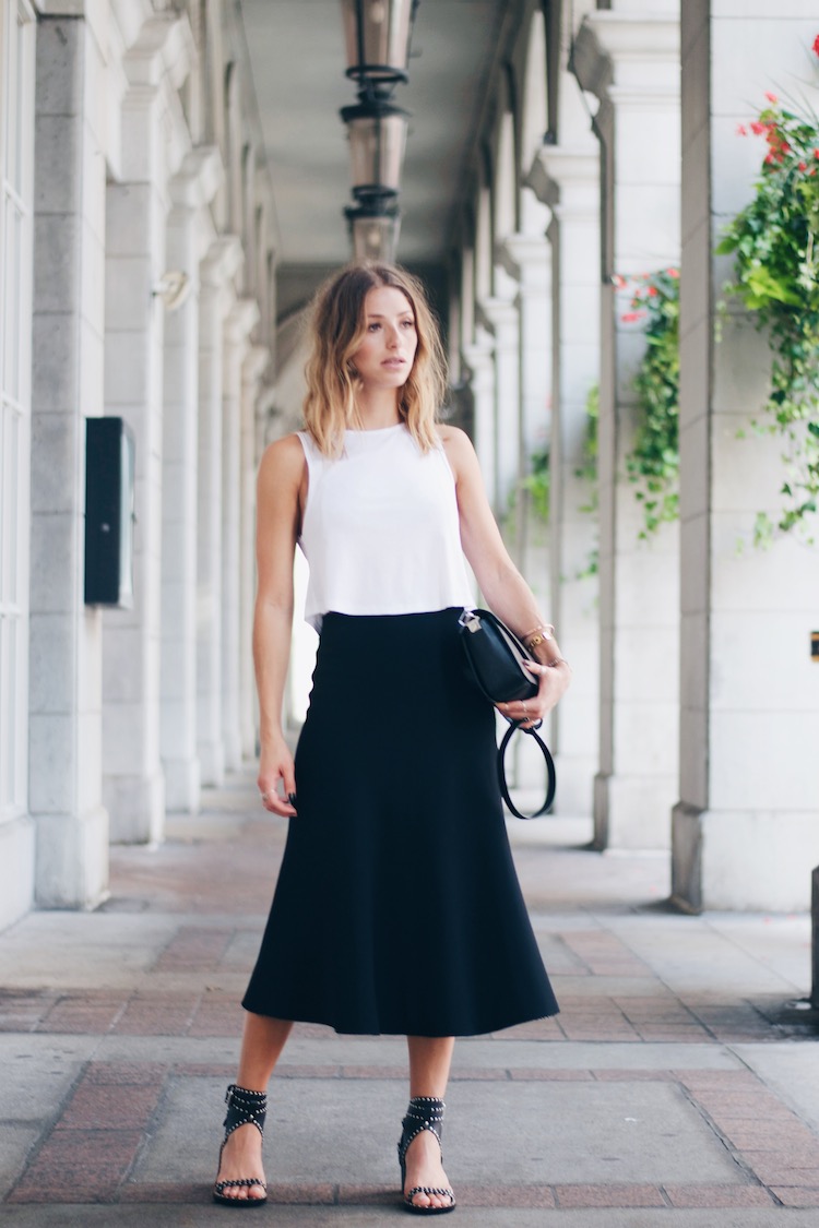 black midi skirt, white crop top, isabel marant sandals 