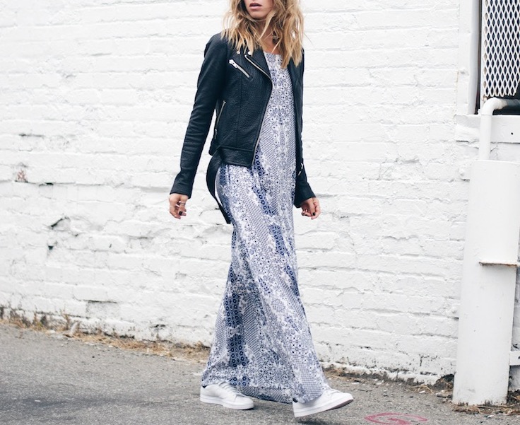 maxi dress + leather jacket