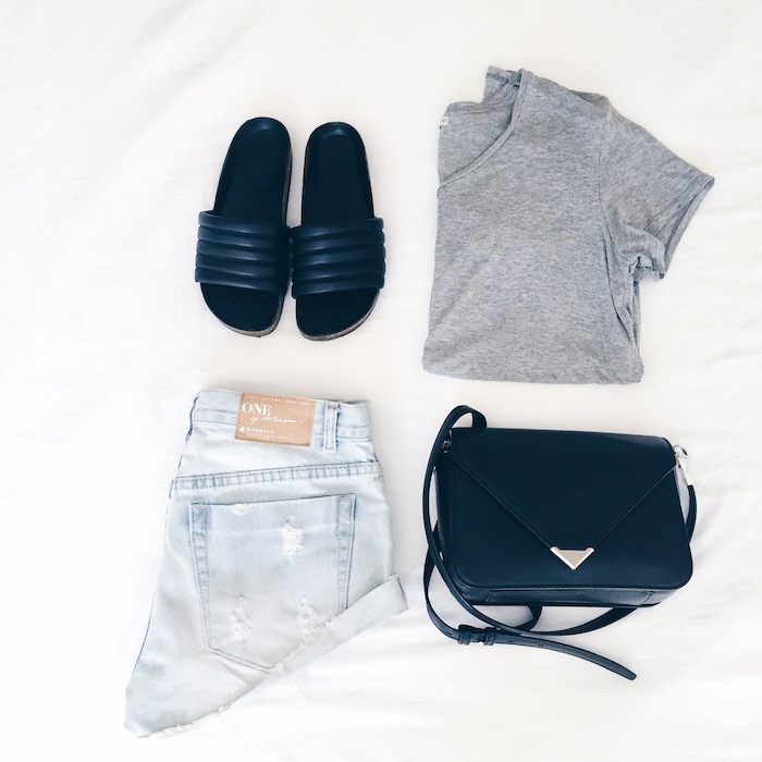 instagram flay lay, one teaspoon shorts, alexander wang bag, slides