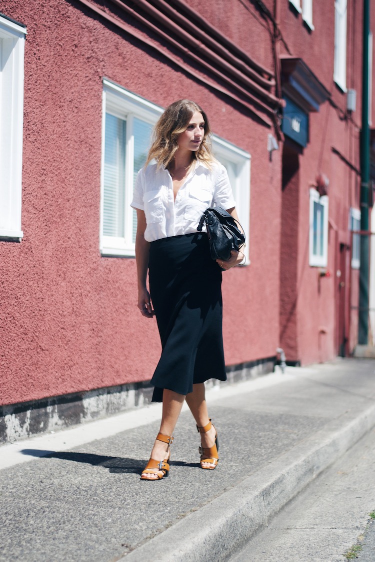 white linen top, black skirt