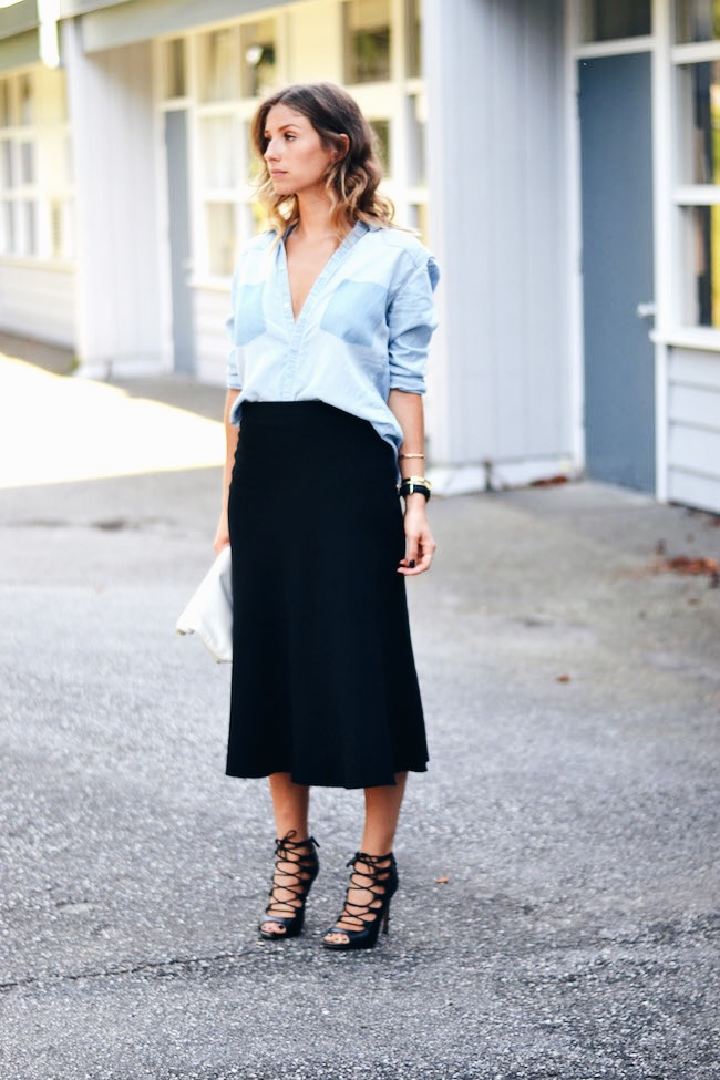 black midi skirt, chambray shirt
