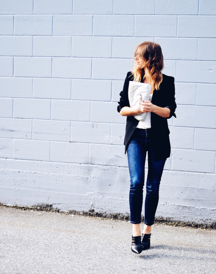 work to play, blazer, jeans