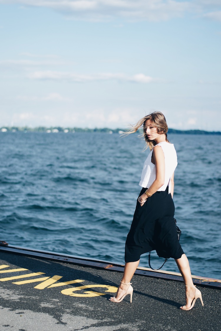 urban outfitters white crop top shell, black midi skirt