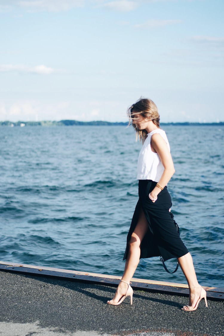 silence and noise black slit skirt, nude heels