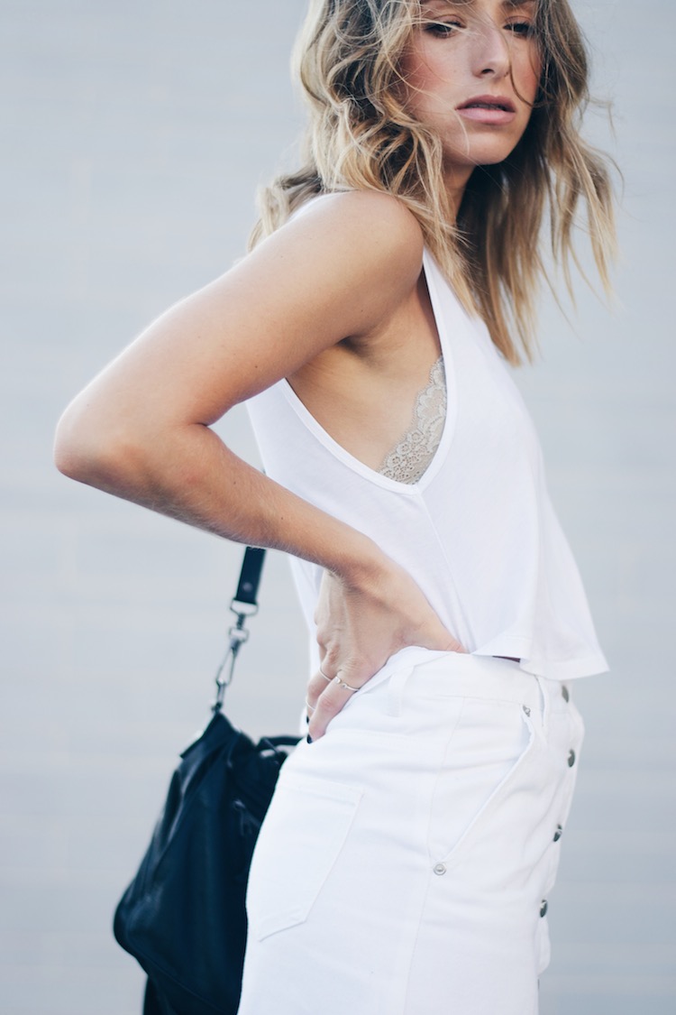 white tank, white button mini skirt